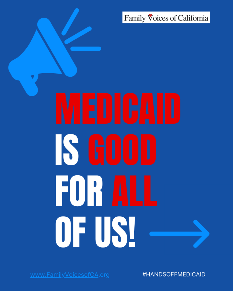 Bright blue megaphone on dark blue background. Red and white text reads "Medicaid is good for all of us!"