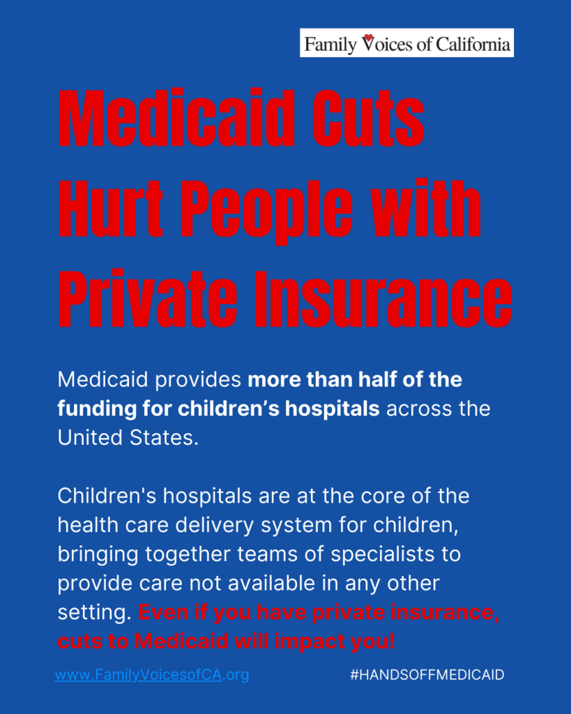 Dark blue background with red and white text that reads "Medicaid cuts hurt people with private insurance. Medicaid provides more than half of the funding for children’s hospitals across the United States. 

Children's hospitals are at the core of the health care delivery system for children, bringing together teams of specialists to provide care not available in any other setting. Even if you have private insurance, cuts to Medicaid will impact you!"