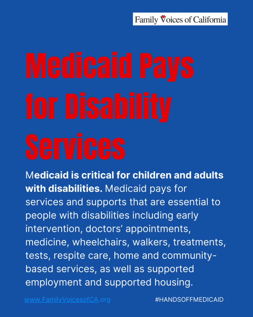 Dark blue background with red and white text that reads "Medicaid pays for Disability Services. Medicaid is critical for children and adults with disabilities. Medicaid pays for services and supports that are essential to people with disabilities including early intervention, doctors’ appointments, medicine, wheelchairs, walkers, treatments, tests, respite care, home and community-based services, as well as supported employment and supported housing."