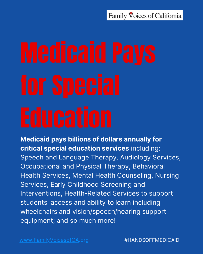 Dark blue background with red and white text that reads "Medicaid pays for Special Education. Medicaid pays billions of dollars annually for critical special education services including: Speech and Language Therapy, Audiology Services, Occupational and Physical Therapy, Behavioral Health Services, Mental Health Counseling, Nursing Services, Early Childhood Screening and Interventions, Health-Related Services to support students' access and ability to learn including wheelchairs and vision/speech/hearing support equipment; and so much more!"