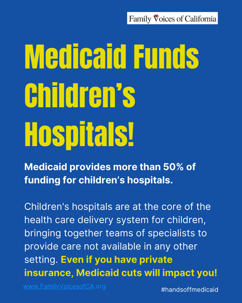 Bright blue background with bright yellow text that reads "Medicaid Funds Children’s Hospitals! Medicaid provides more than 50% of funding for children’s hospitals. 

Children's hospitals are at the core of the health care delivery system for children, bringing together teams of specialists to provide care not available in any other setting. Even if you have private insurance, Medicaid cuts will impact you!"